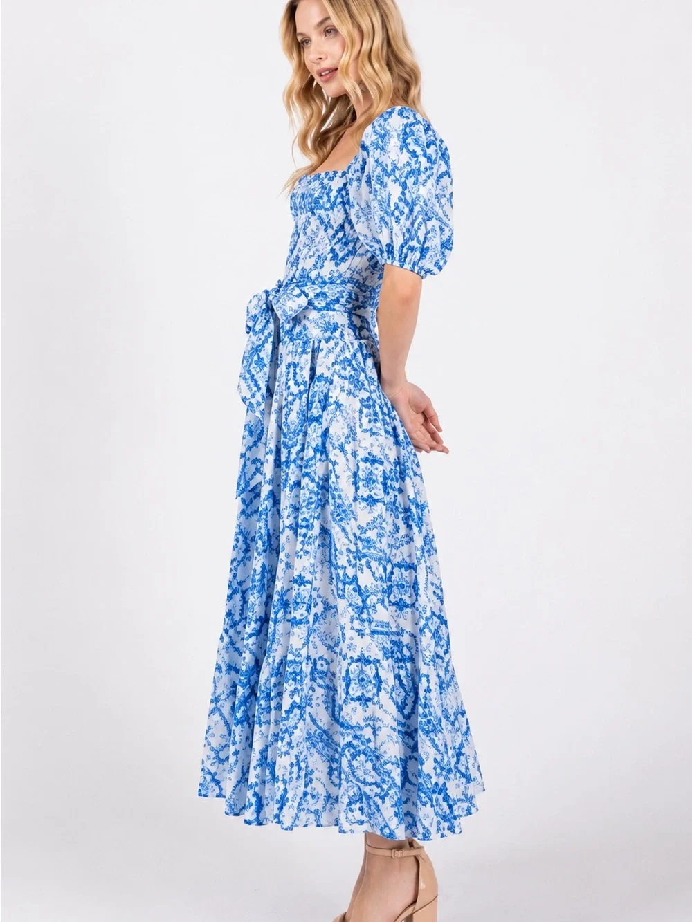 Soho Blue and White Printed Puff-Sleeve Maxi Dress
